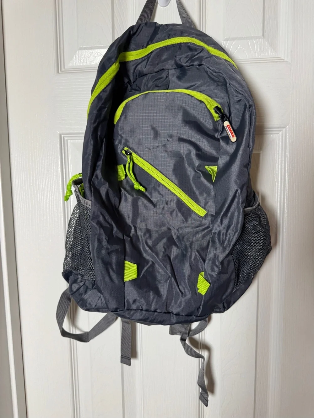 Costco Packable Backpack Lightweight Foldable Grey & Neon Green Lime